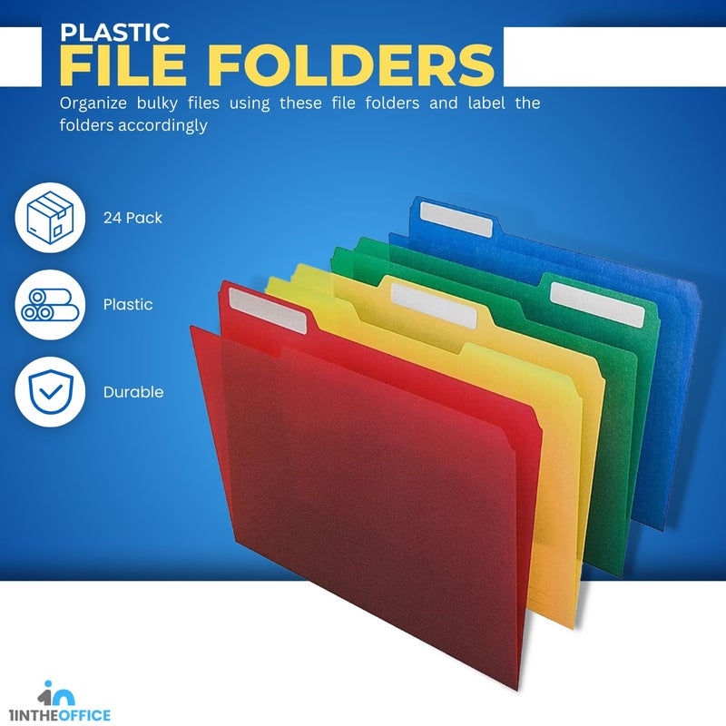 1InTheOffice Plastic File Folders, Poly File Folders. Letter Size, 1/3 Cut File Folders Multi Colors Assorted, 24 Pack - Image 2